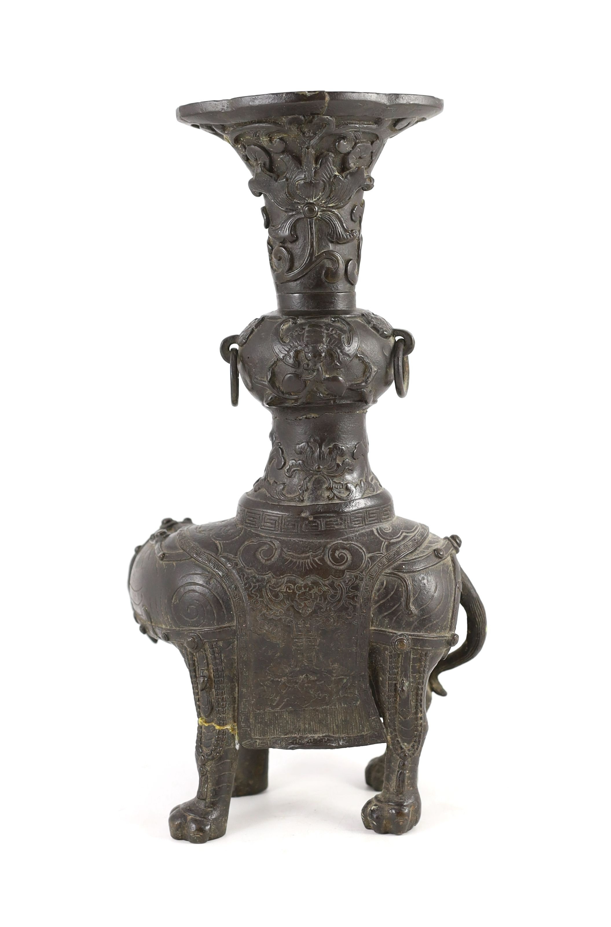 A Chinese bronze ‘elephant’ vessel, late Ming dynasty, 36cm high, Repairs